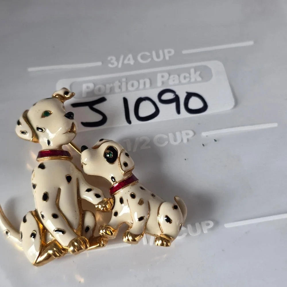 Vintage Dalmatian Dog and Puppy Enamel Brooch Gold Tone Animal Pin White Black